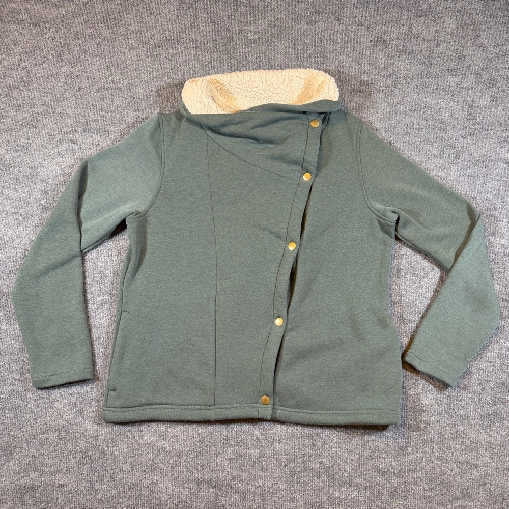 Columbia Women's XL Jacket Green Fleece Asymmetric Snap Sherpa Lined Mock Neck‎
